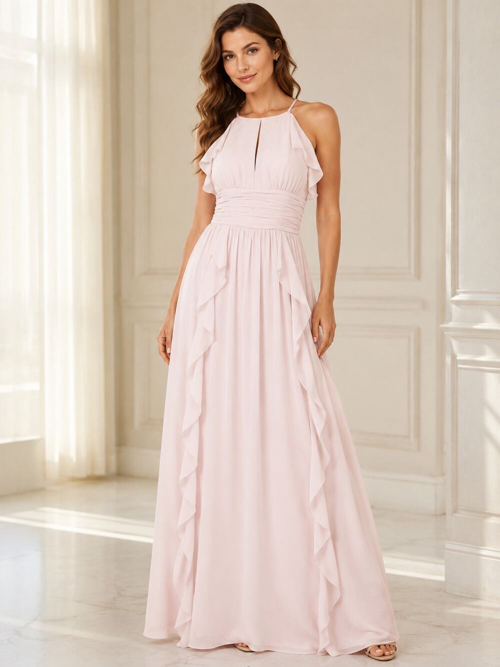 New Donna Morgan Skye Ruffles Cutaway Halter Pink Gown Women's Size 18